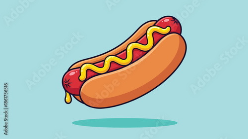 Delicious cartoon hot dog with yellow mustard illustration.