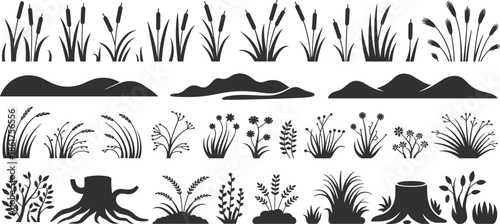 Grass and plant silhouettes collection, meadow foliage elements, wild flowers reeds bushes, nature landscape vector set isolated white background