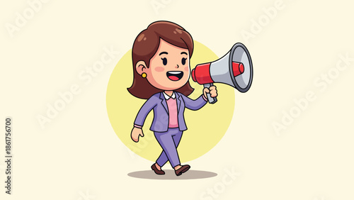 Happy Cartoon Businesswoman Walking and Announcing with Megaphone.