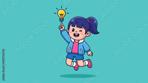 Happy cartoon girl jumping with a glowing lightbulb symbolizing a bright new idea.