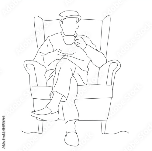 Grandpa drinking coffee on a chair. lien art