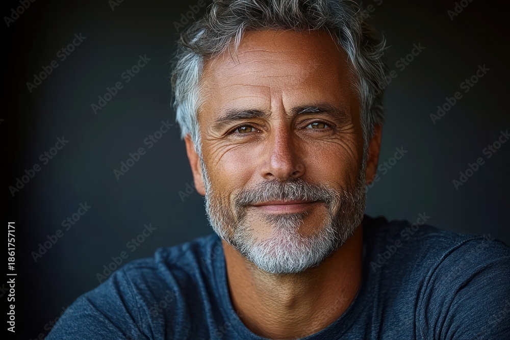 Obraz premium Middle-aged man with salt-and-pepper hair and light stubble wearing a blue t-shirt, seated against a dark background conveying a calm, contemplative mood