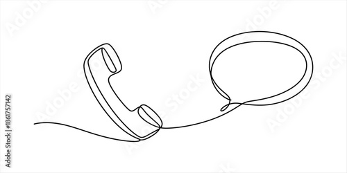 Continuous line drawing of a telephone handset and speech bubble representing communication Vector, illustration