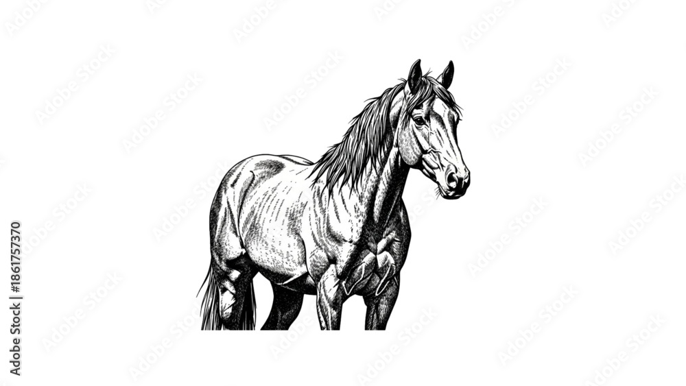 Fototapeta premium Black and White Mustang Horse Illustration – Wild Horse Line Art