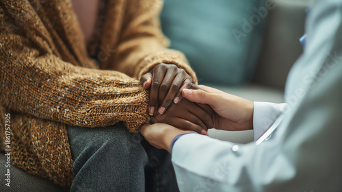 A compassionate moment of support between a patient and a healthcare provider in a clinical setting.