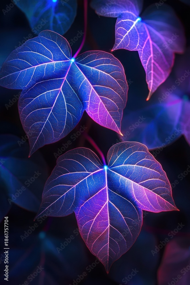 Fototapeta premium Glowing blue and purple heart-shaped leaves with luminous veins, ethereal close-up conveying a magical tranquil mood