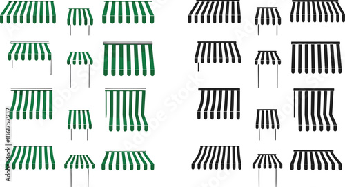 Green and black striped awning canopy icon set showing shop storefront sunshade roof variations flat vector illustration modern commercial design