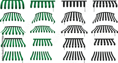Green and black striped awning canopy icon set showing shop storefront sunshade roof designs flat vector illustration collection