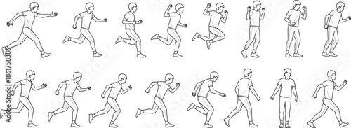 Outline running man animation sequence showing walking jogging sprinting poses human movement cycle vector illustration editable sports fitness design