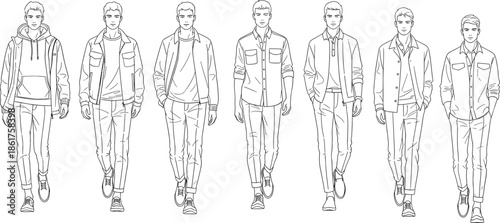 Men fashion walking poses set outline illustration showing stylish male models casual outfits runway movement vector design collection