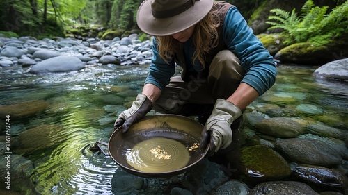 Gold panning activity in natural river environment
