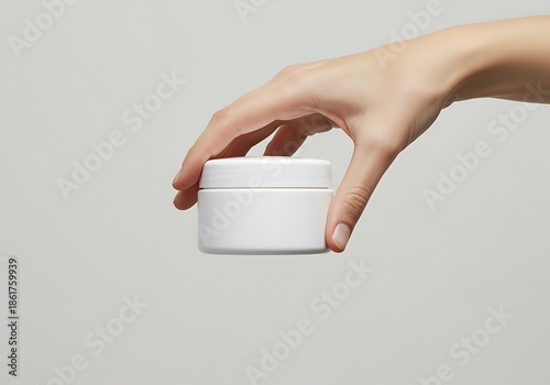 hand holding small white plastic jar with cream or supplement isolated on gray background