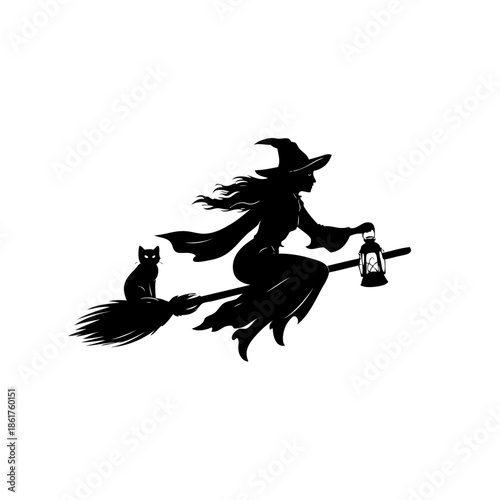 Witch flying on broomstick with cat