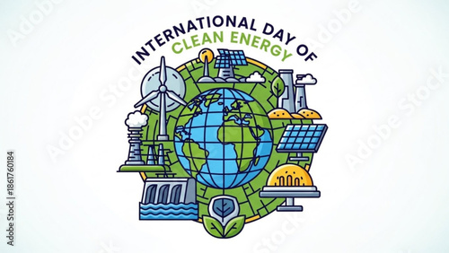 International day of clean energy, eco friendly globe with renewable energy sources and green technology, solar panels, wind turbines, hydro power plant