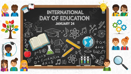 International day of education january 24 illustration with diverse students cartoon characters learning on chalkboard with educational icons and symbols