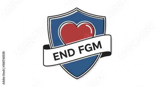 End fgm shield logo with heart symbol on white background, awareness campaign icon for female genital mutilation prevention