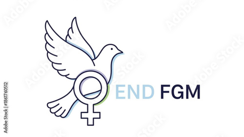 Dove flying with female symbol and end fgm text on white background, representing female genital mutilation awareness and abolition campaign