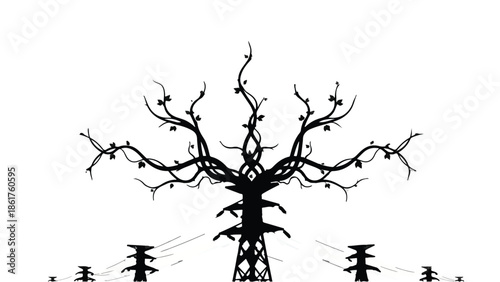 Symbolic tree structure on electrical pylon, representing nature and technology merging