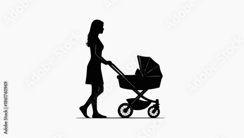 Silhouette of a mother walking with a baby stroller