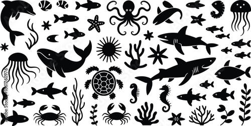 Marine animal silhouettes collection featuring fish, shark, whale, octopus, jellyfish, turtle, coral, sea life icons isolated white background