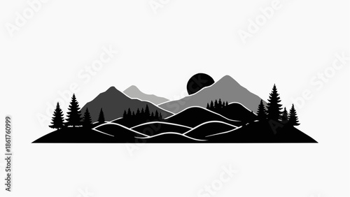 Serene mountain landscape with trees at sunset