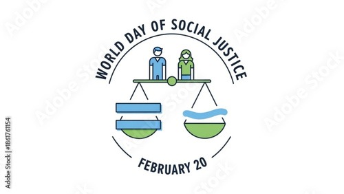 World day of social justice illustration with scale and people on february 20, equality and balance concept