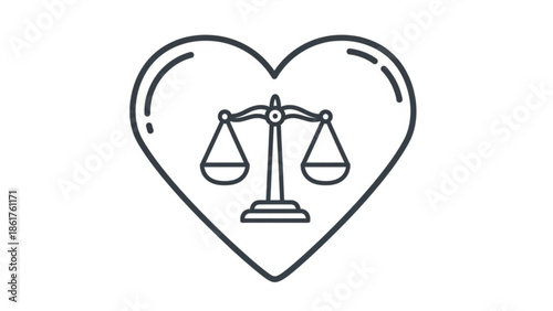 Heart shaped justice scale symbolizing balance and fairness in love and law, simple line art illustration