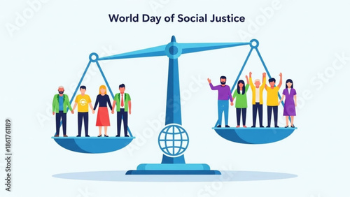 Diverse group of people standing on balanced scale with globe, symbolizing equality and social justice, vector illustration