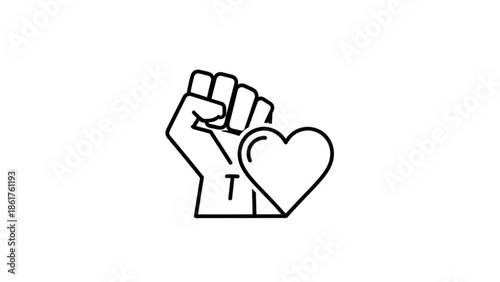 A clenched fist holding a heart symbolizing love and support in a simple line art style on a white background