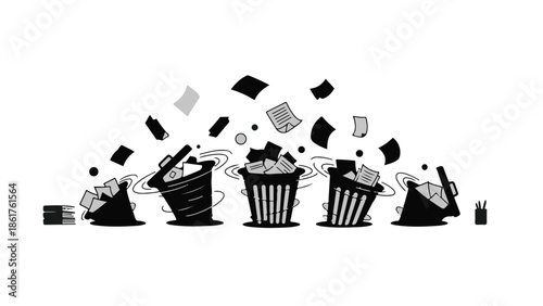 Overwhelmed by paperwork, overflowing trash bins spill documents into swirling water.