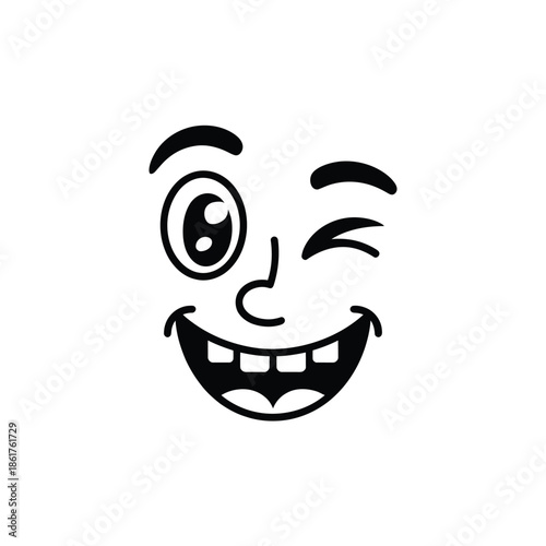 A playful black and white cartoon face winking with a cheerful grin