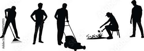 People silhouettes doing gardening and yard work, lawn mowing, planting flowers, outdoor chores, home maintenance, daily activity, black figures, white background illustration
