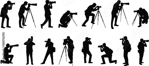 Photographer silhouettes with cameras and tripods showing professional photography poses, isolated on white background, studio, media, journalism, creative work