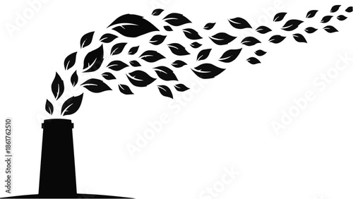 Eco-friendly factory emitting leaves, symbolizing green energy and sustainability.