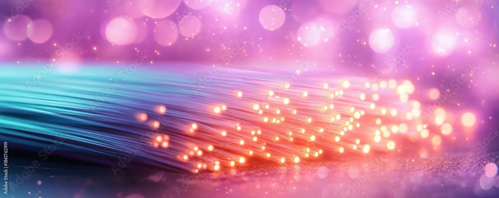 Obraz premium glowing fiber optic strands with warm orange light points and dreamy pink purple bokeh, teal to magenta luminous threads evoking a magical futuristic mood
