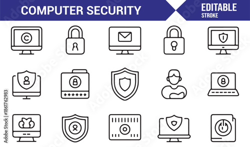 Editable computer security outline icons for UI design