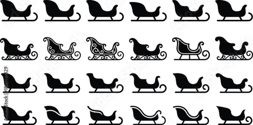 Santa sleigh silhouettes set, Christmas sleigh icons, black winter holiday symbols, traditional Santa sled designs, isolated vector illustration