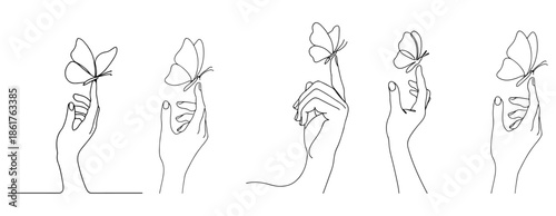 Minimalist Hand and Butterfly Line Art – Elegant Nature Interaction Illustration