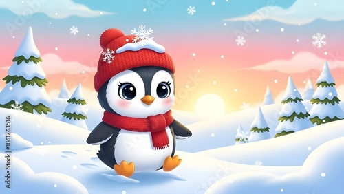 Adorable Cartoon Penguin Wearing a Red Hat and Scarf in a Snowy Winter Landscape at Sunset