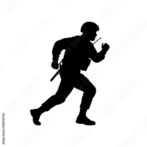 Silhouette of a soldier running with weapon, tactical gear, military action, white background