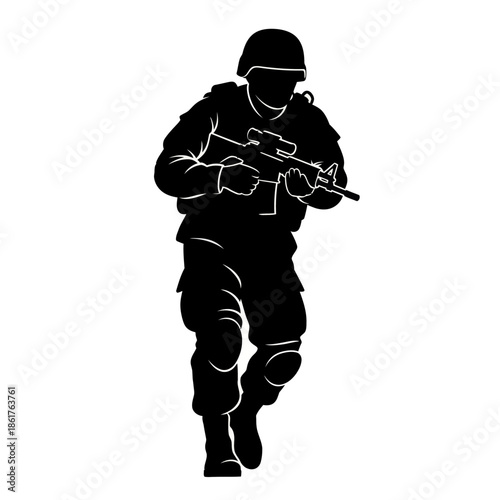 Silhouette of a soldier in tactical gear holding a rifle, ready for action