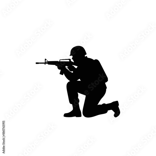Silhouette of a soldier kneeling with a rifle, ready to fire, isolated on white.