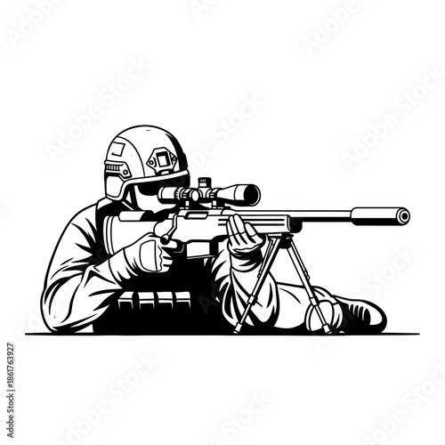 Soldier aiming sniper rifle, tactical gear, military, armed forces, professional shooter, vector illustration
