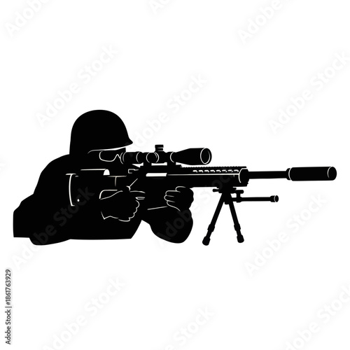 Silhouette of a sniper aiming a rifle with a scope and bipod, military concept