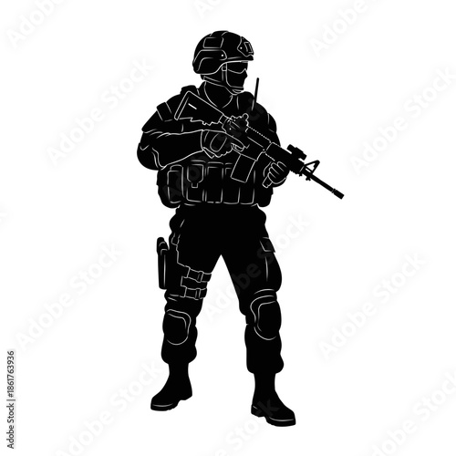 Silhouette Soldier Holding Rifle, Military Combat Gear, Tactical Uniform, White Background