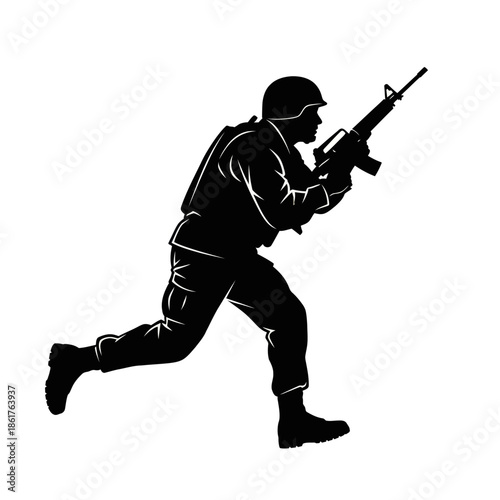 Silhouette of a soldier running with a rifle, combat pose, military action, black and white