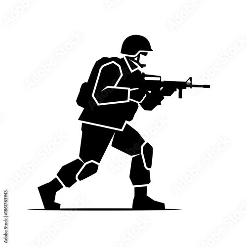 Silhouette Soldier with Rifle, Military Action Pose, Vector Graphic