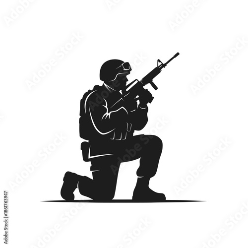 Silhouette soldier kneeling with rifle, military combat, tactical gear, action pose, white background