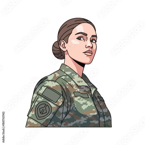 Woman Soldier Portrait, Military Camouflage Uniform, Determined Expression, Vector Illustration