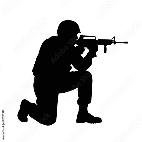 Silhouette of soldier aiming assault rifle, kneeling pose, military action, combat readiness